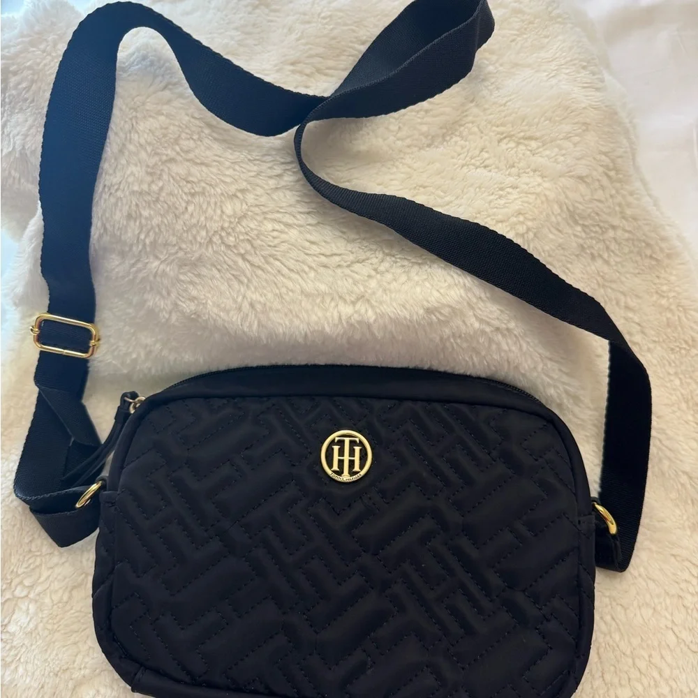 Tommy Hilfiger Black Quilted Crossbody with Gold Logo Accent